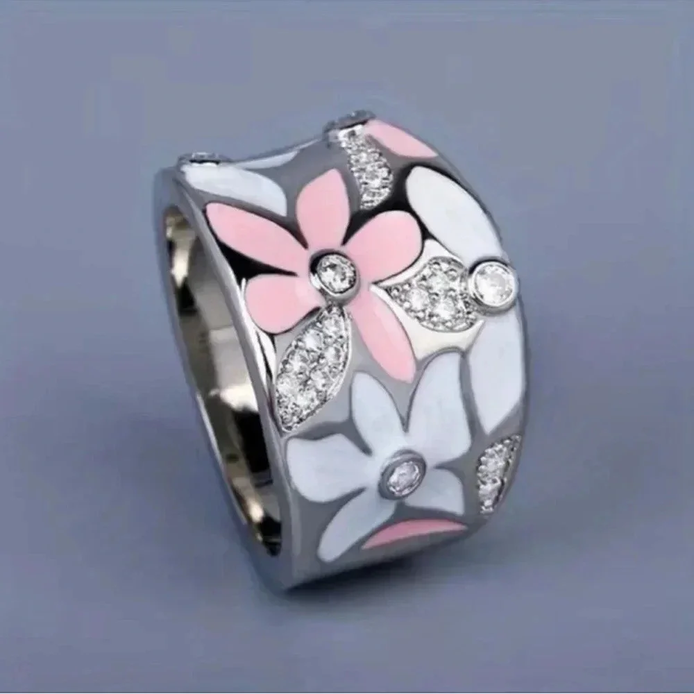 Silver Pink & White Flower Zircon Ring
